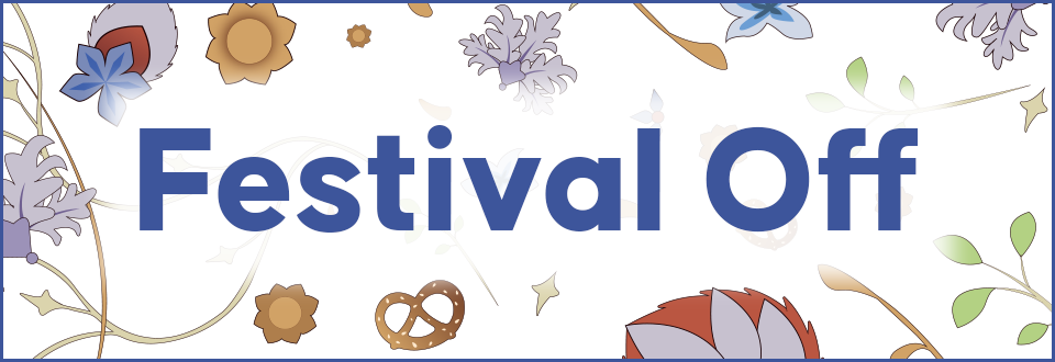 Bannière colorée comportant le texte “Festival Off” en lettres bleues sur un fond clair avec des motifs floraux décoratifs stylisés autour du texte.
