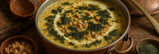 Plat traditionnel iranien « kaleh joosh », une soupe épaisse à base de kashk (petit‑lait fermenté), oignons, herbes et noix, servi dans un bol, montrant une texture crémeuse et des morceaux d’ingrédients visibles.